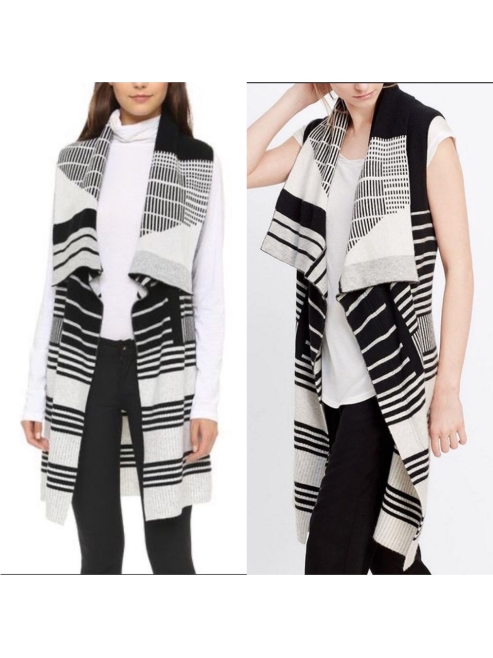 VINCE Cashmere Wool Open Front Draped Cardigan Vest Black Ivory Striped